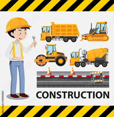 Construction worker and construction trucks