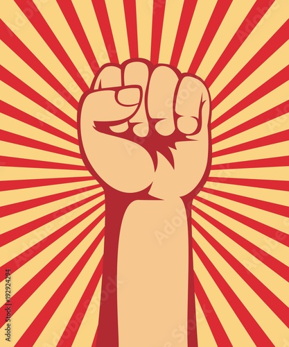 Fotografi A clenched fist hand raised in the air, poster style vector