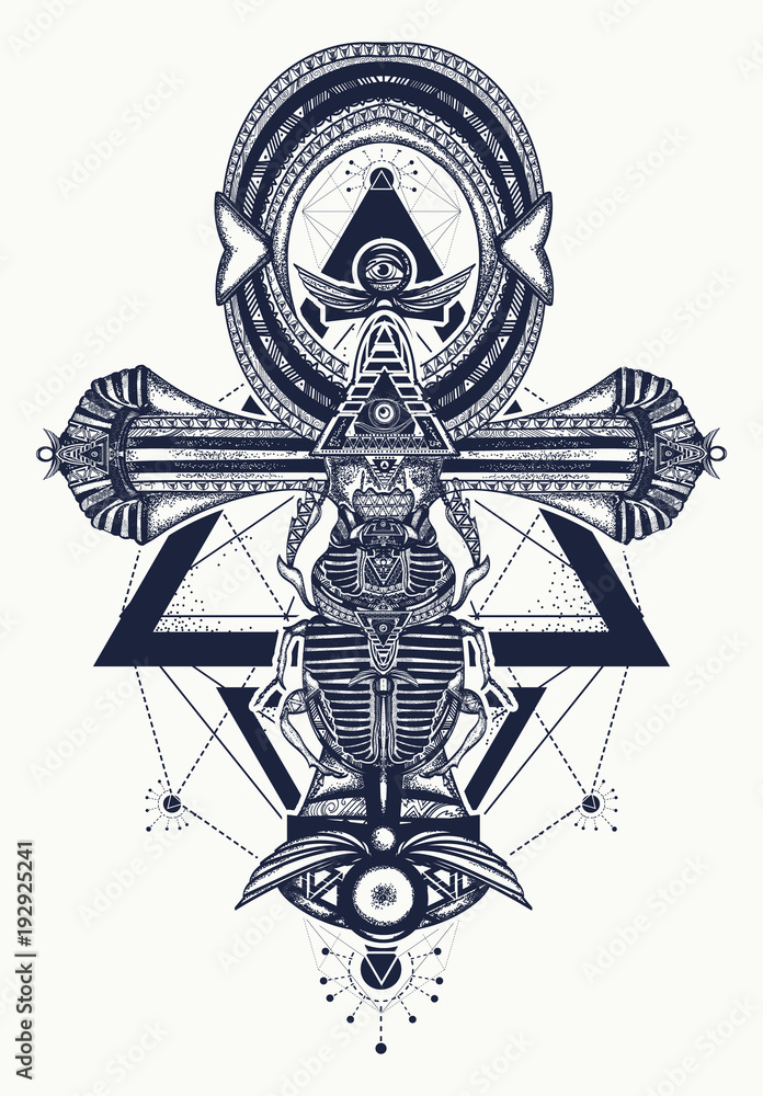 Ankh symbol of eternal life tattoo, key to immortality. Ankh tattoo, ancient  egyptian cross t-shirt design. Decorative ethnic style of Ancient Egypt  Stock Vector | Adobe Stock