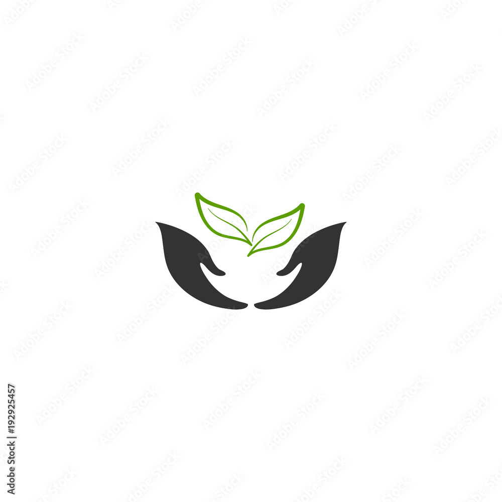 Obraz premium Hand with leaf vector design element, nature care concept