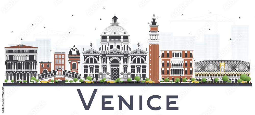 Venice Italy City Skyline with Color Buildings Isolated on White Background.