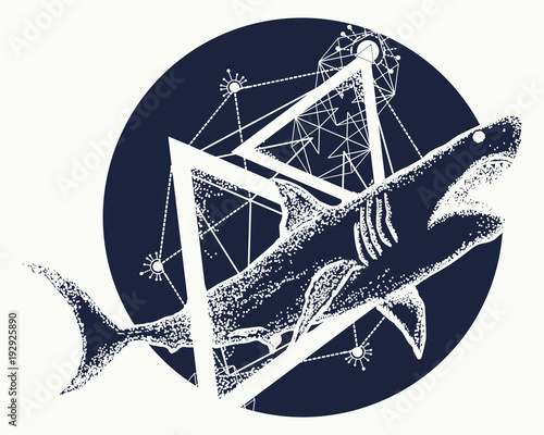 Shark attack t-shirt design hand drawn vector. Sea art.  Shark tattoo geometric style