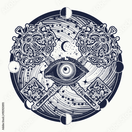 All seeing eye tattoo occult art, masonic symbol and vintage magic key. All seeing eye mystery of universe t-shirt design. Mystical esoteric symbol of secret knowledge