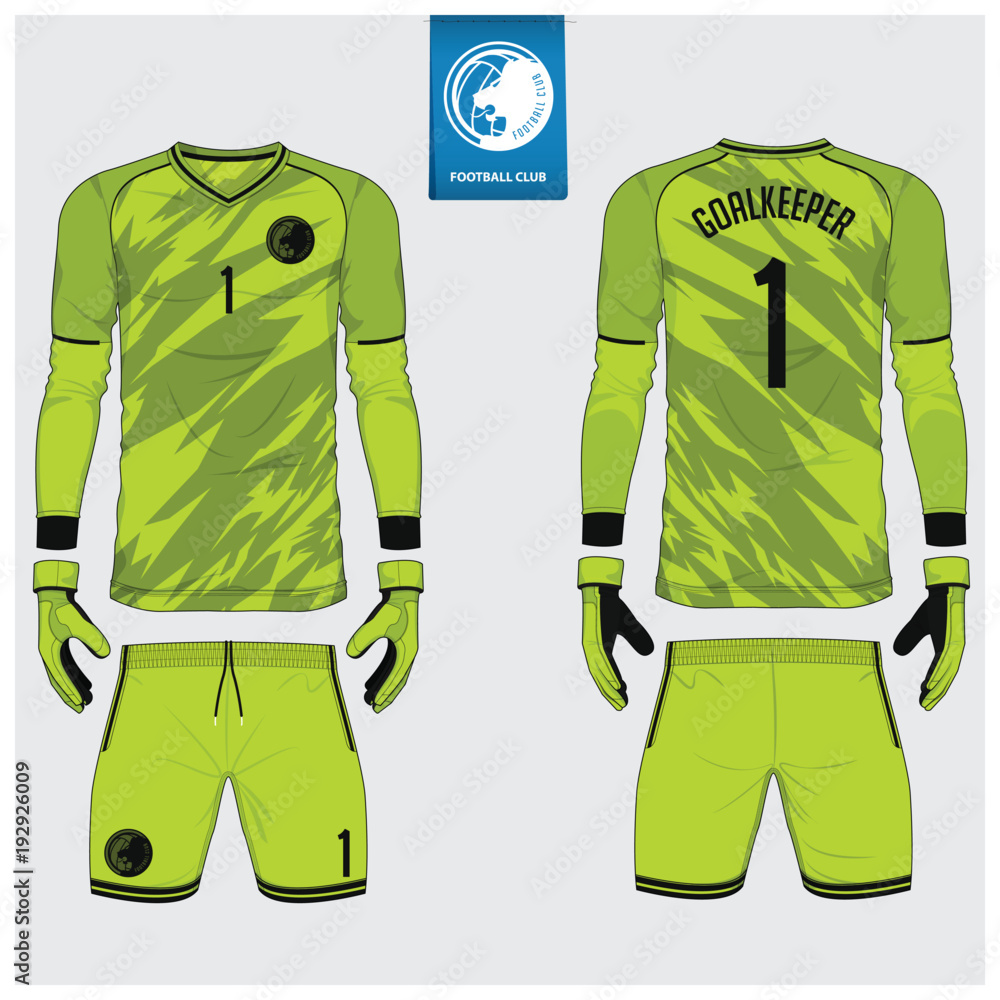 Goalkeeper jersey or soccer kit, goalkeeper glove template design. Long  sleeve sport t-shirt mock up. Front and back view football uniform. Flat  football logo label. Vector Illustration. Stock ベクター | Adobe Stock