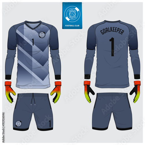 Goalkeeper jersey or soccer kit, goalkeeper glove template design. Long sleeve sport t-shirt mock up. Front and back view football uniform. Flat football logo label. Vector Illustration.