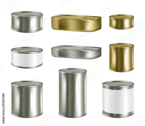 Vector canned food realistic blank metal package mockup set