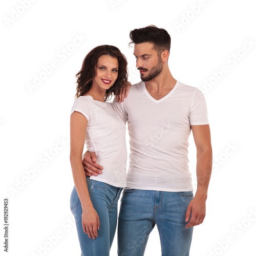 casual man looks at his woman