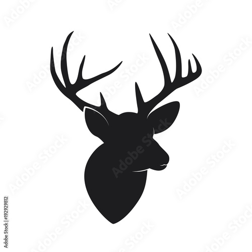 Silhouette of deer head with antlers isolated on white background