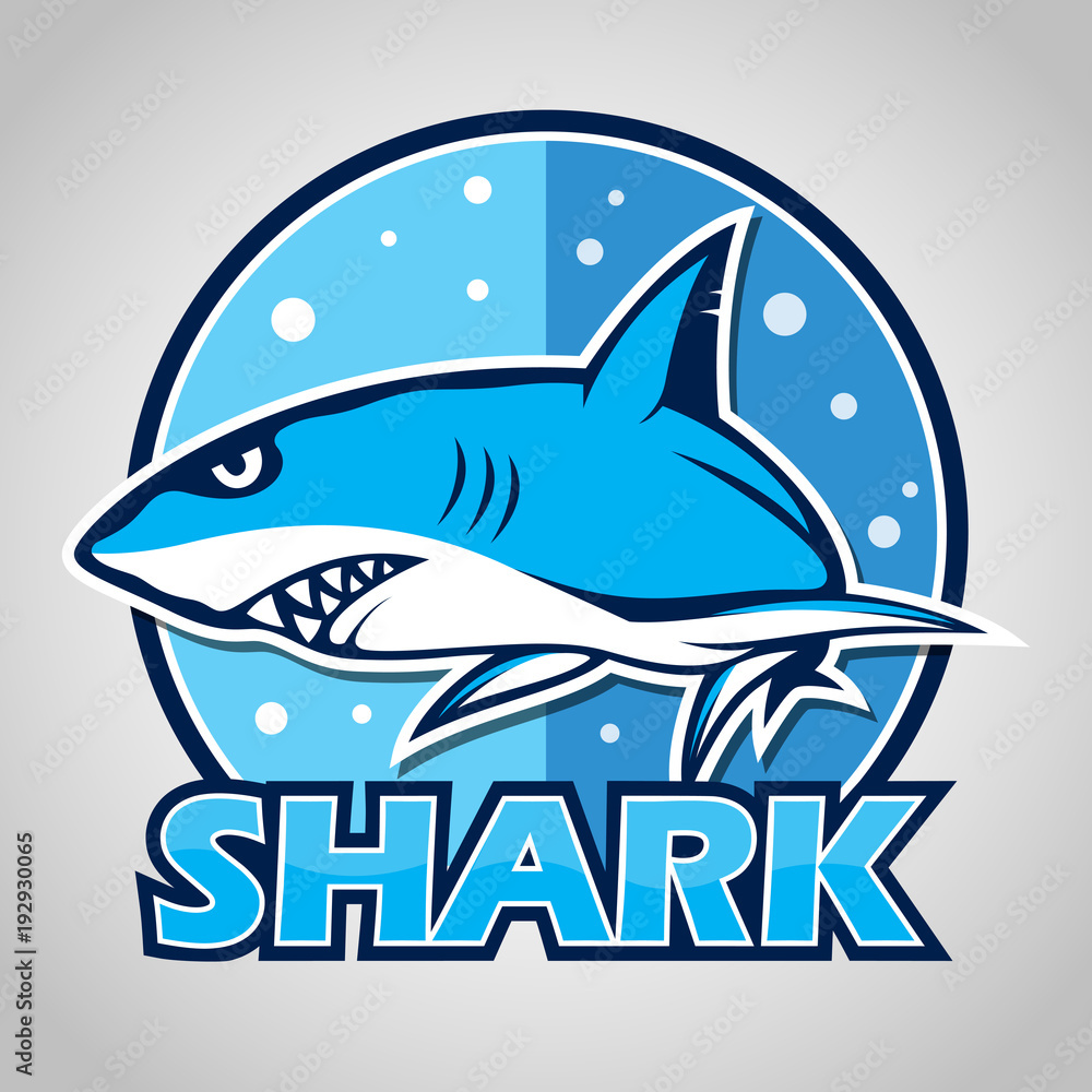Naklejka premium Cartoon shark mascot with blue circle