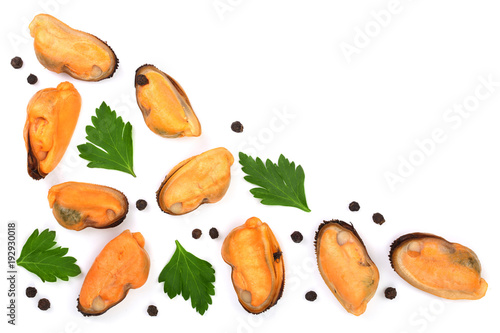 mussels with parsley and peppercorns isolated on white background with copy space for your text. Top view. Flat lay