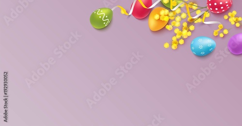 Easter colorful eggs with mimosa branch on purple background. Beautiful spring background with place for text. Vetor illustration