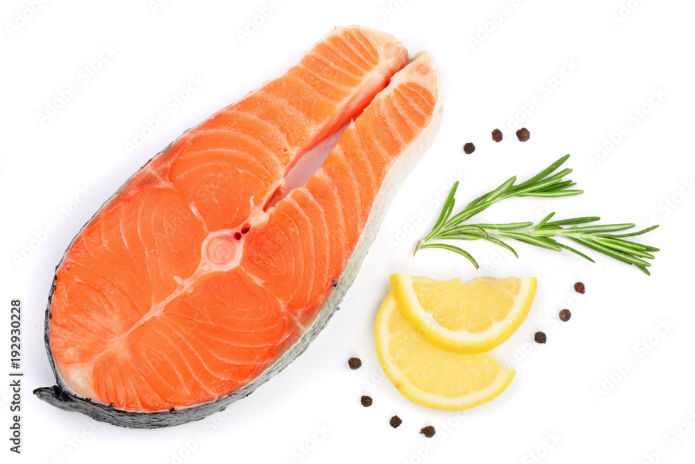 Slice of red fish salmon with lemon, rosemary and peppercorns isolated on white background. Top view. Flat lay Slice of red fish salmon with lemon, rosemary and peppercorns isolated on white background. Top view. Flat lay