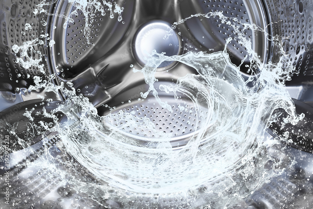 Water splash of the washing machine drum. - obrazy, fototapety, plakaty 