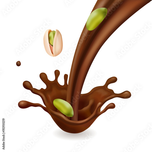 Pistachio realistic nuts in chocolate flow