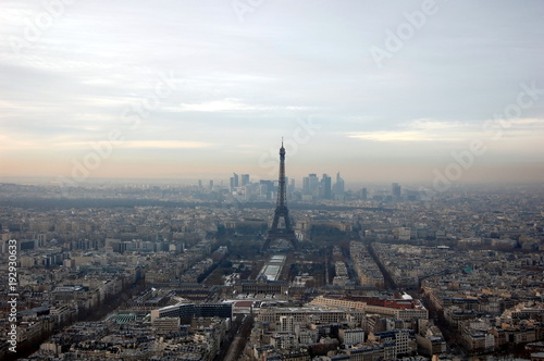 Aerial view on Paris on foggy day 