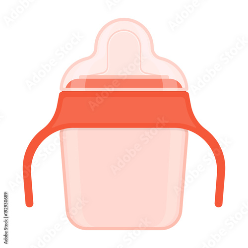 Baby sippy cup with cover isolated on white background. Vector illustration of toddler feeding equipment. Baby care supplies