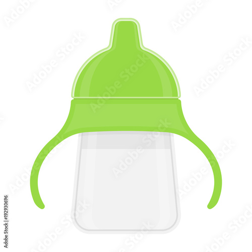 Baby sippy cup isolated on white background. Vector illustration of toddler feeding equipment. Baby care supplies
