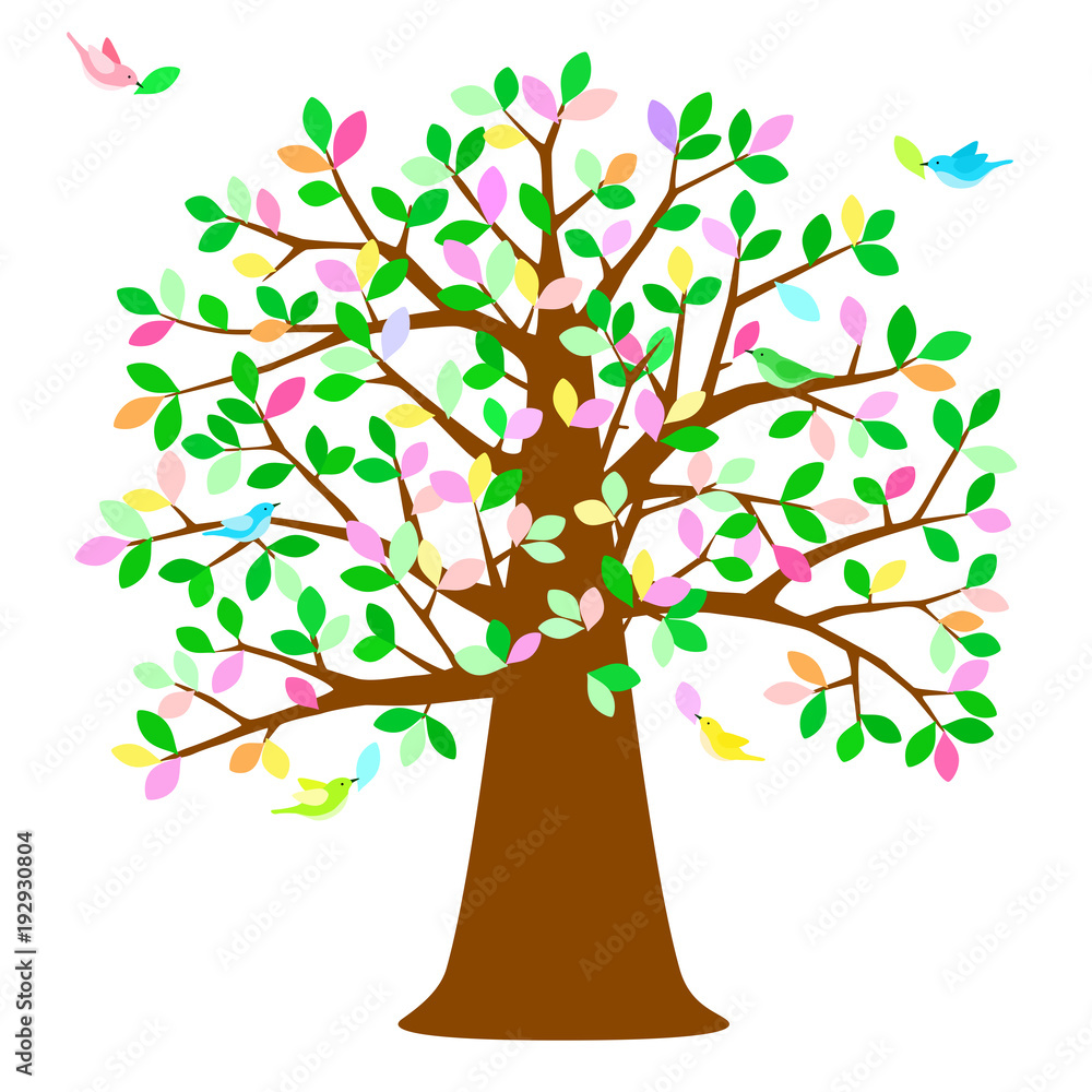 大きな木 カラフル葉っぱを運ぶ鳥 Stock イラスト Adobe Stock