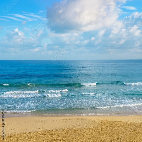 Deserted sandy beach of the Indian Ocean. In the blue sky cumulus clouds.