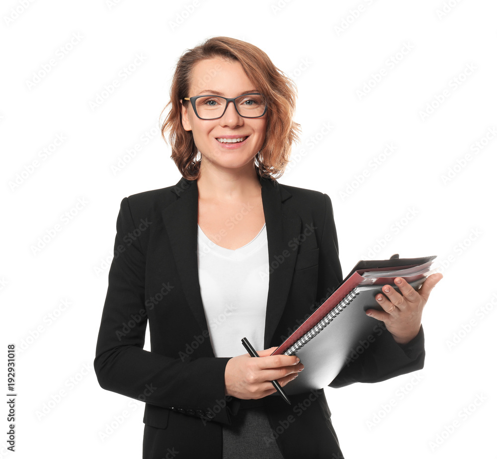 Beautiful real estate agent with documents on white background Beautiful real estate agent with documents on white background