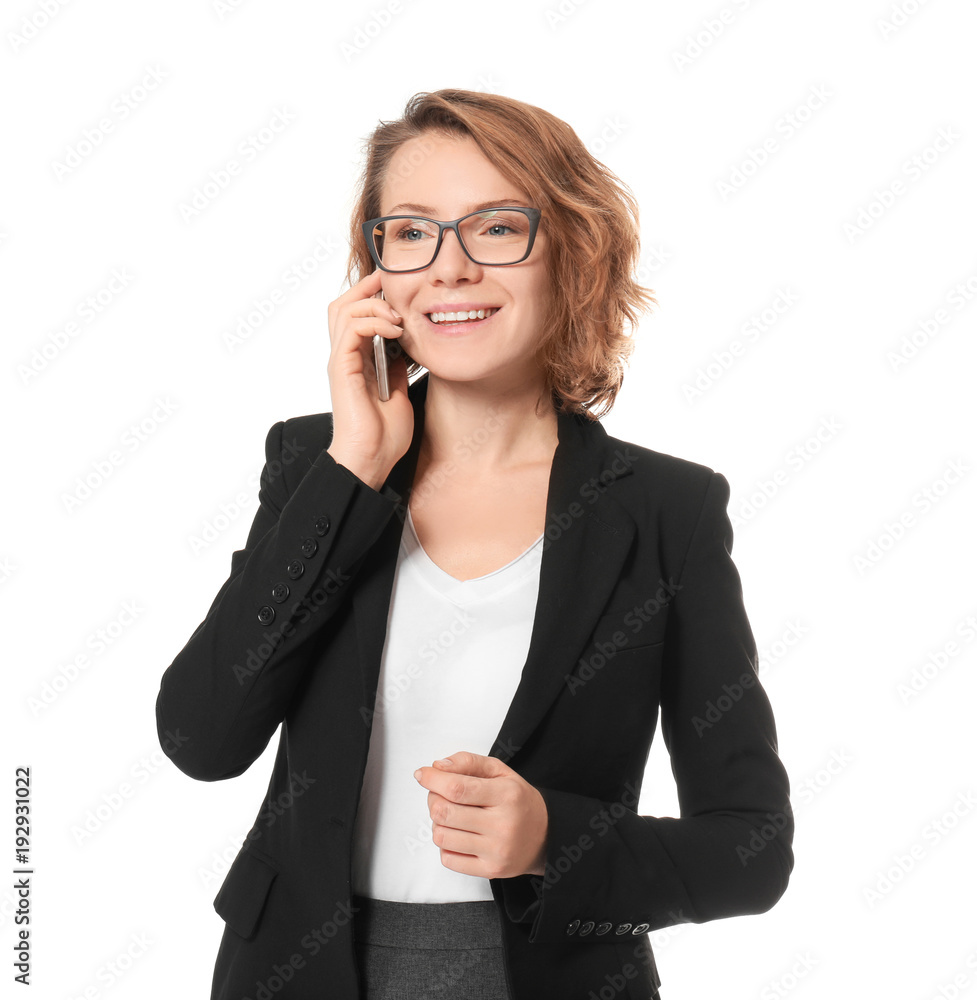 Beautiful real estate agent talking on phone against white background Beautiful real estate agent talking on phone against white background
