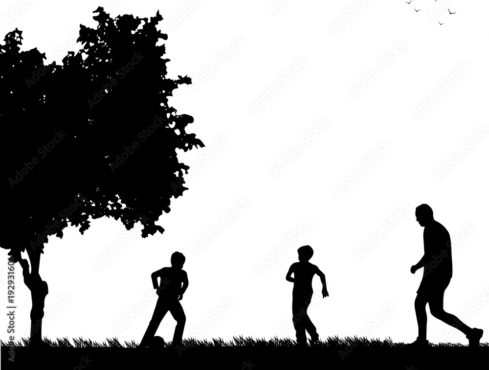 Daddy and sons playing football in park, one in the series of similar images silhouette Daddy and sons playing football in park, one in the series of similar images silhouette