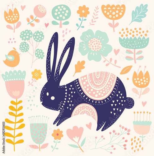 Flower pattern with birds and flowers. Baby pattern with bunny. Big spring Easter collection of flowers, leaves, birds, bunny and spring symbols 