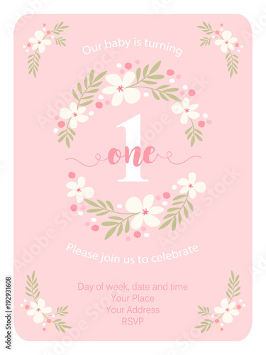 Cute vintage One invitation card with hand drawn flowers