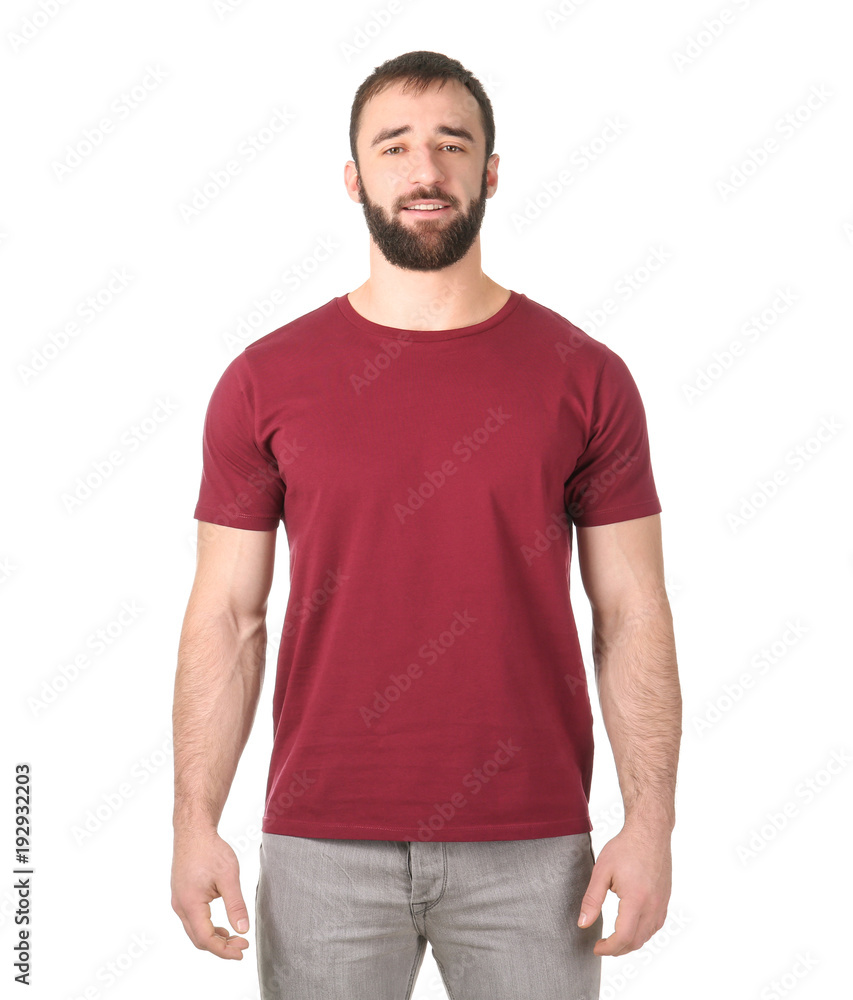 Young man in stylish t-shirt on white background. Mockup for design Young man in stylish t-shirt on white background. Mockup for design
