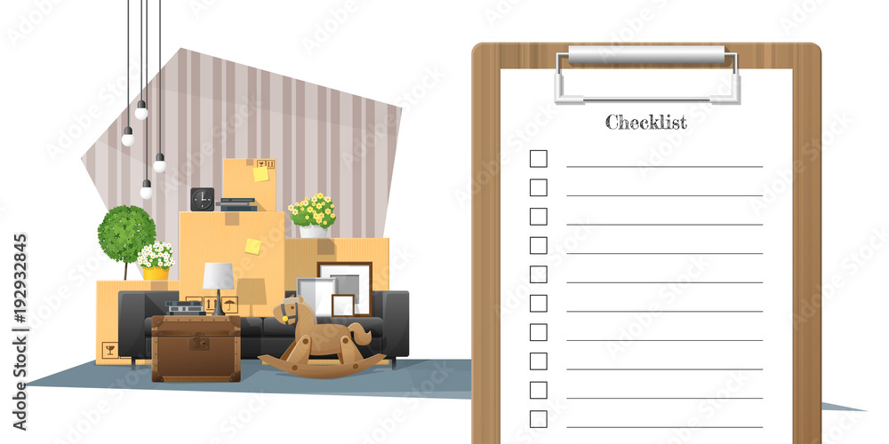 Moving home concept with survey clipboard and pile of furniture background , vector , illustration Moving home concept with survey clipboard and pile of furniture background , vector , illustration