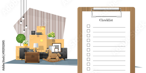 Moving home concept with survey clipboard and pile of furniture background , vector , illustration