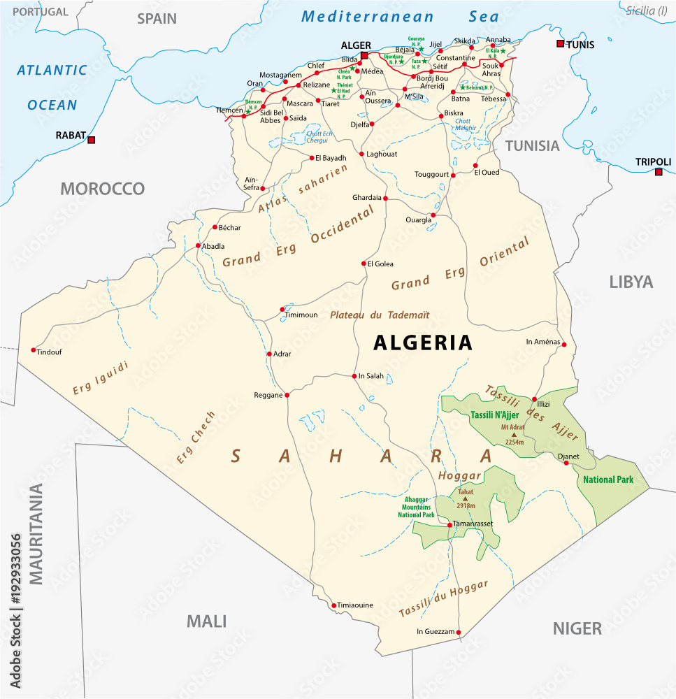 Algeria road and national park vector map
