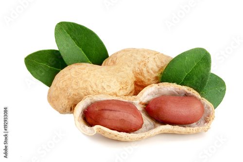 peanuts with leaf isolated on white background