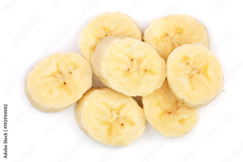 banana sliced isolated on white background. Top view. Flat lay banana sliced isolated on white background. Top view. Flat lay