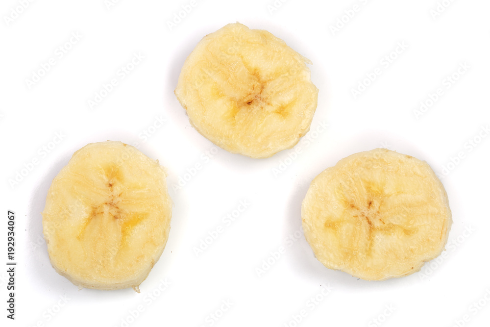 Banana slices isolated on a white background. Flat lay, top view