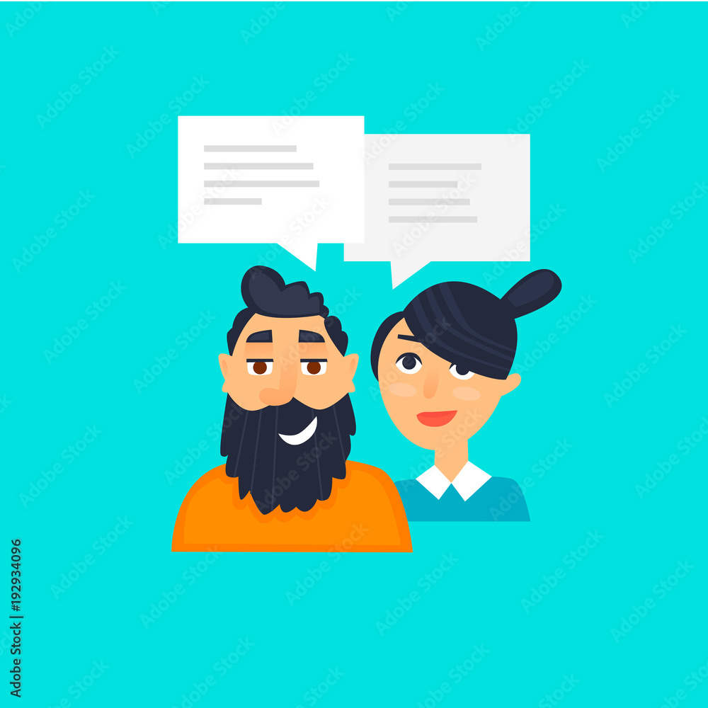 Forum, woman and man communicate. Flat design vector illustration.