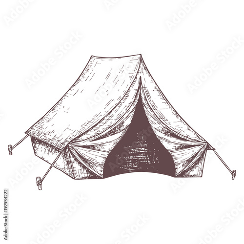 Camping tent for tourism, cartoon sketch illustration of travel equipment. Vector photo