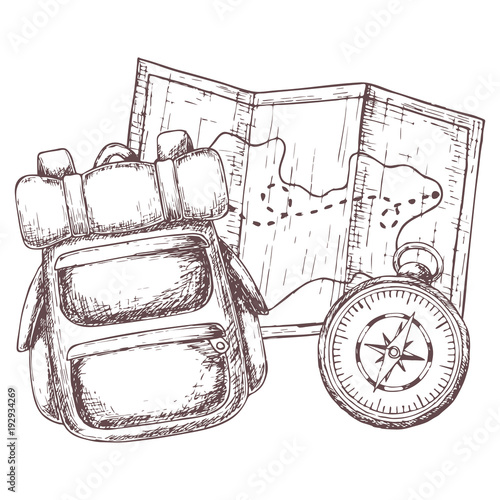 Backpack, map and compass for camping tourism, cartoon sketch illustration of travel equipment. Vector