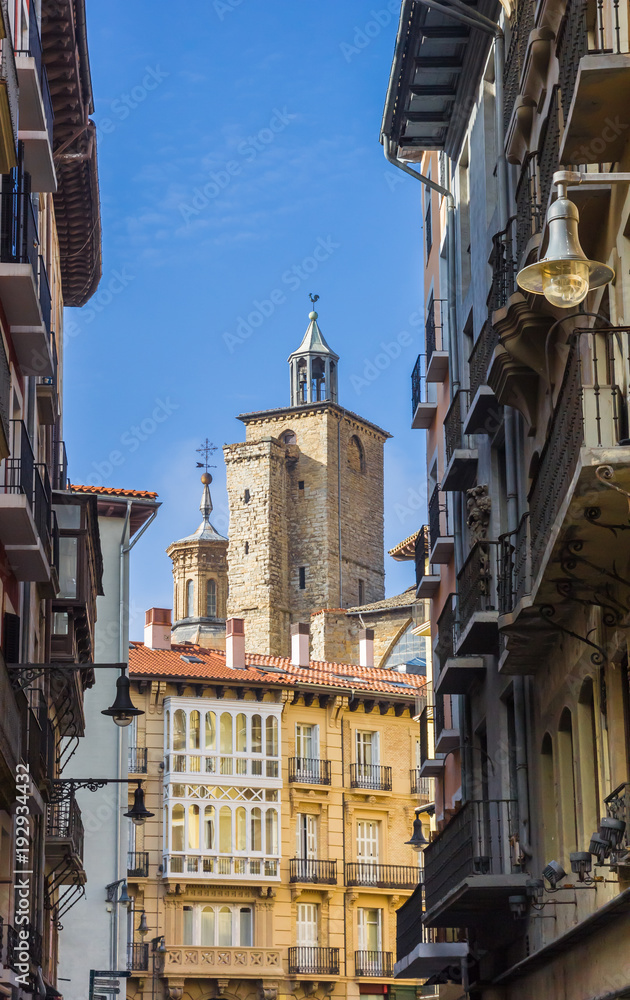 Church tower and apartment buildings in the center of Pamplona