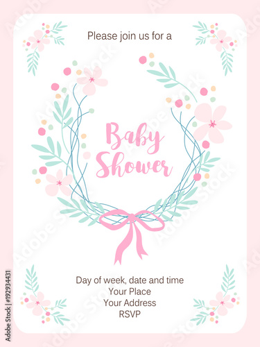 Cute vintage Baby Shower invitation card with hand drawn flowers