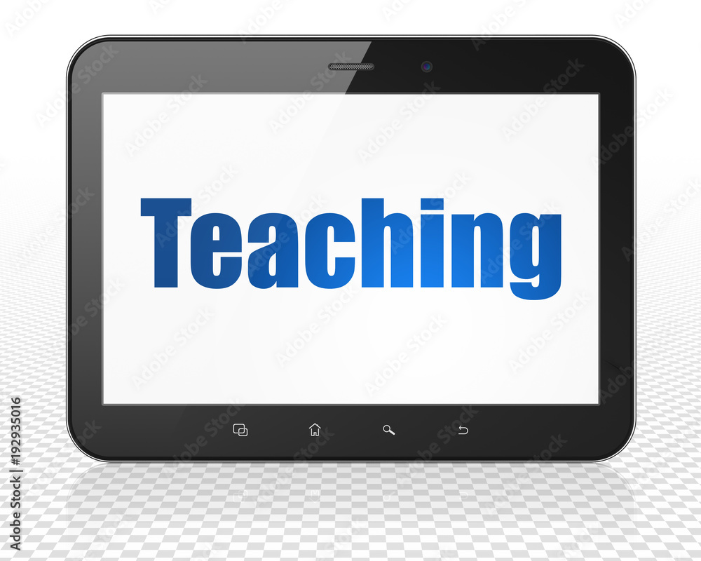 Studying concept: Tablet Pc Computer with blue text Teaching on display, 3D rendering Studying concept: Tablet Pc Computer with blue text Teaching on display, 3D rendering