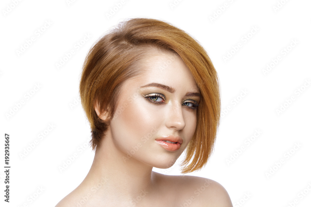 Beautiful young woman with straight short hair isolated on white Beautiful young woman with straight short hair isolated on white