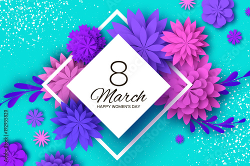 Ultra Violet Pink Paper Cut Flower. 8 March. Womens Day Greetings card. Origami Floral bouquet. Rhombus frame. Text. Spring Seasonal Holidays on blue. Happy Mothers Day.