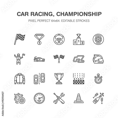Car racing vector flat line icons. Speed auto championship signs - track, automobile, racer, helmet, checkered flags, steering wheel, start. Pixel perfect 64x64.