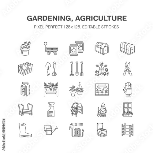 Gardening, planting horticulture line icons. Garden equipment, organic seeds, fertilizer, greenhouse, pruners, watering can. Agriculture vegetables flower cultivation signs Pixel perfect 128x128.