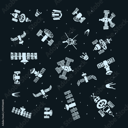 Vector set of hand painted doodle satellite