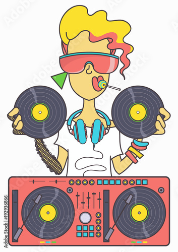 Cool eighties style girl with oversized sunglasses standing at DJ mixer table holding two vinyl records, colorful vector print design isolated on white background