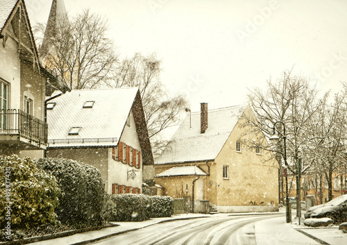 Bavaria under snowfall, winter view of Garching bei Muenchen