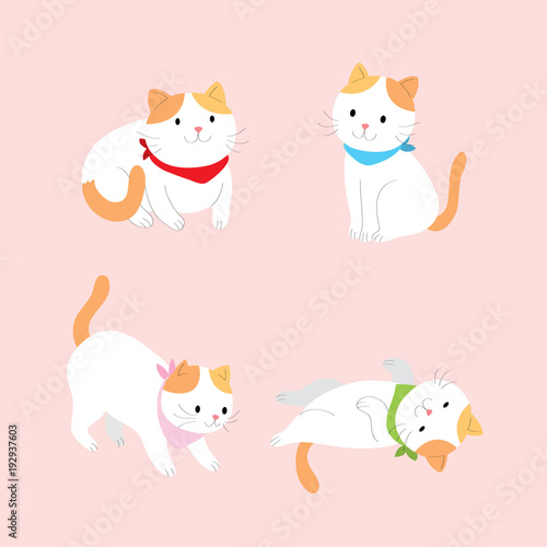 Cartoon cute actions orange and white cat vector. Pink background.