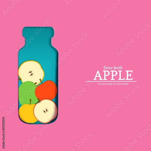 Papercut bottle with slice red yellow green apples fruit. Vector card llustration. Craft paper apple fruit border and detox water cocktail for design of food packaging juice, cosmetics, tea, diet.